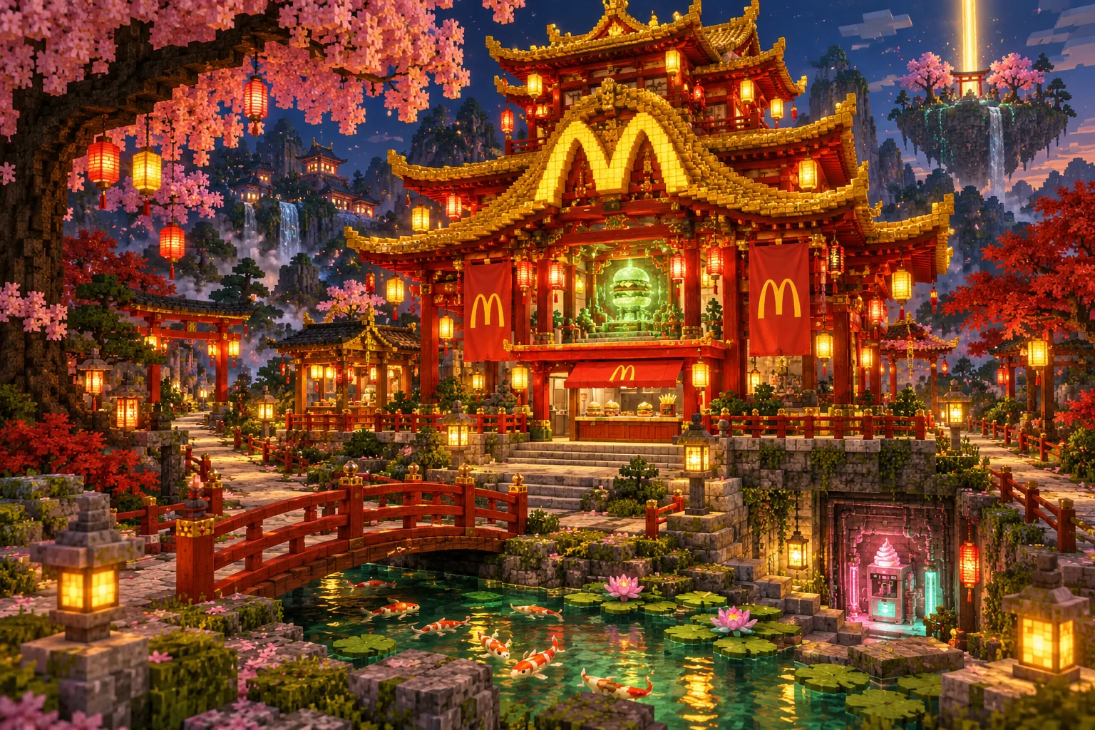 A red and gold pagoda McDonald’s in a Japanese garden with koi pond, jade burger shrine, floating beacon, and an eerie basement ice cream machine