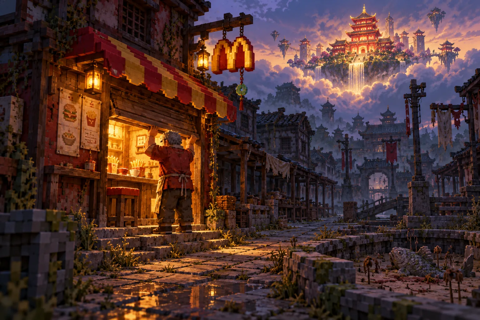 Uncle WOnawd opens a small red-and-gold Wacdonalds in the depleted Old Regalia, while a glowing pagoda floats above the ruined town